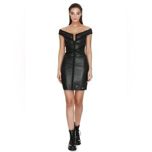 JLUXLABEL Black faux leather off shoulder dress